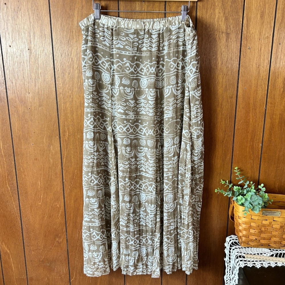 TanJay Women Maxi Skirt Size 16 Beige White Boho‎ Gauze Elastic Waist Hippie
